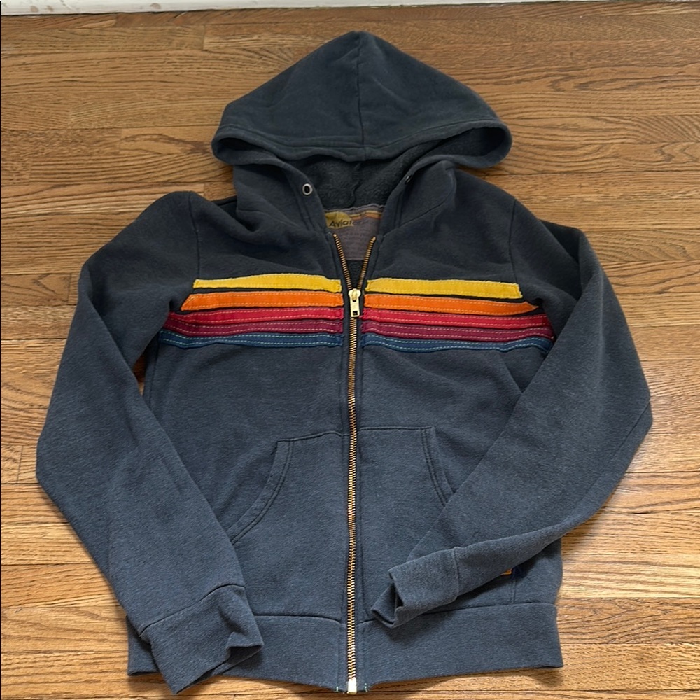 Aviator Nation Kids Dark Gray Hoodie with Stripes - Size 12